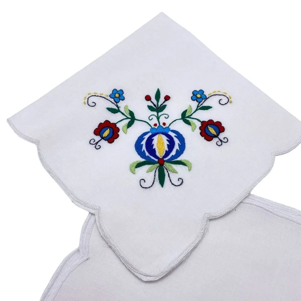 Square hand embroidered floral doilies scalloped linen napkins table placement